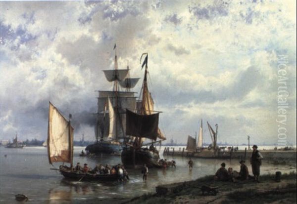 A Busy Estuary Oil Painting by Hermanus Koekkoek the Elder