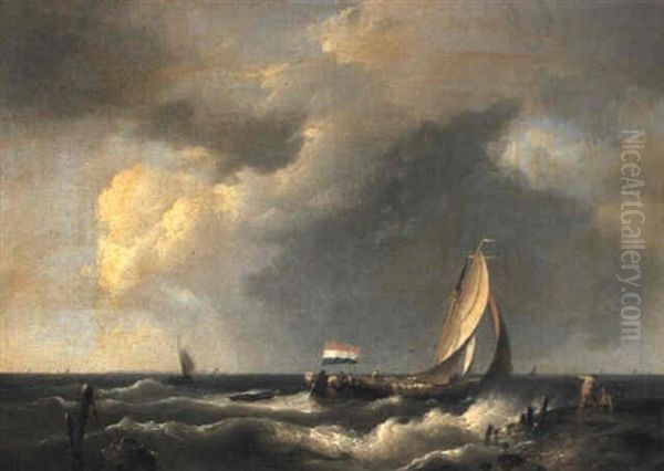 Coastal Landscape With Fishing Vessel In Choppy Seas Oil Painting by Hermanus Koekkoek the Elder