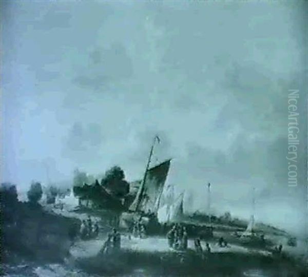 Barges Moored In A Dutch River Estuary With Figures Sorting The Catch Oil Painting by Hermanus Koekkoek the Elder