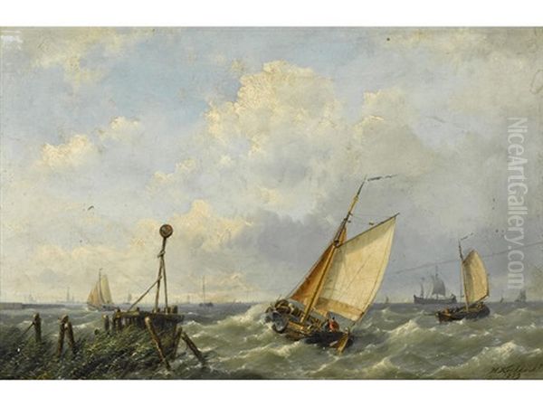 Fishing Boats In A Stiff Breeze Offshore Oil Painting by Hermanus Koekkoek the Younger