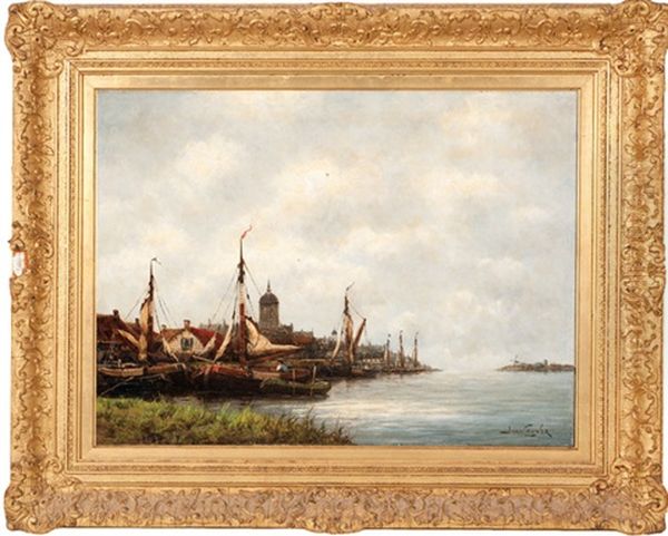 On The Waal Oil Painting by Hermanus Koekkoek the Younger