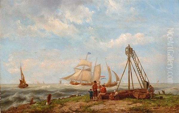 Ships On Choppy Waters Oil Painting by Hermanus Koekkoek the Younger
