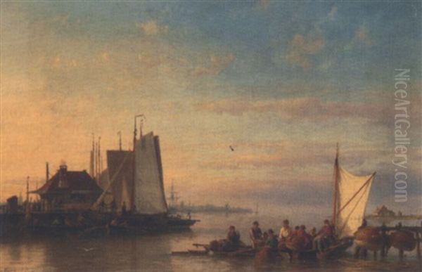 Calm Water, With Fishing Boats At The River Near Amsterdam Oil Painting by Hermanus Koekkoek the Younger