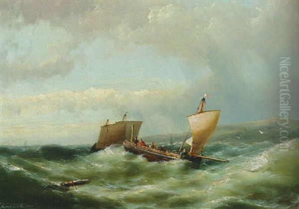 Sailors In A Barge On A Choppy Sea Off The Coast Oil Painting by Hermanus Koekkoek the Younger