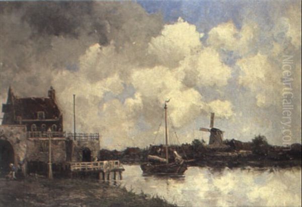 A Dutch Canal Scene Oil Painting by Hermanus Koekkoek the Younger