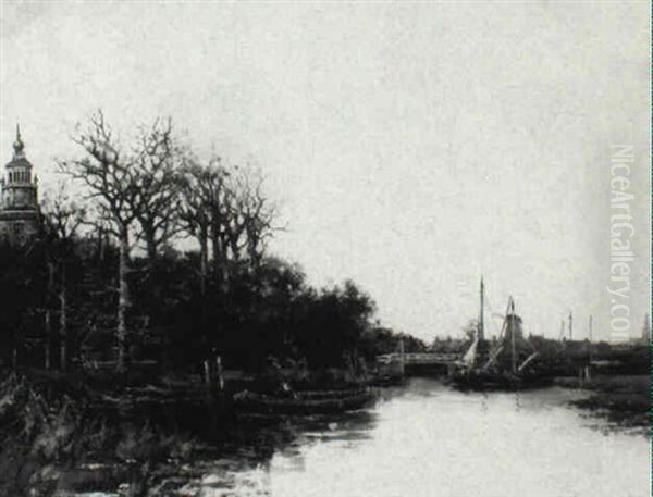 A View Of A Town (monnickendam?) Oil Painting by Hermanus Koekkoek the Younger