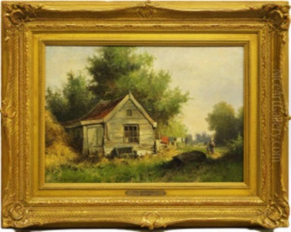 Figures By An Old Cottage With Woodland Oil Painting by Marinus Adrianus Koekkoek the Younger
