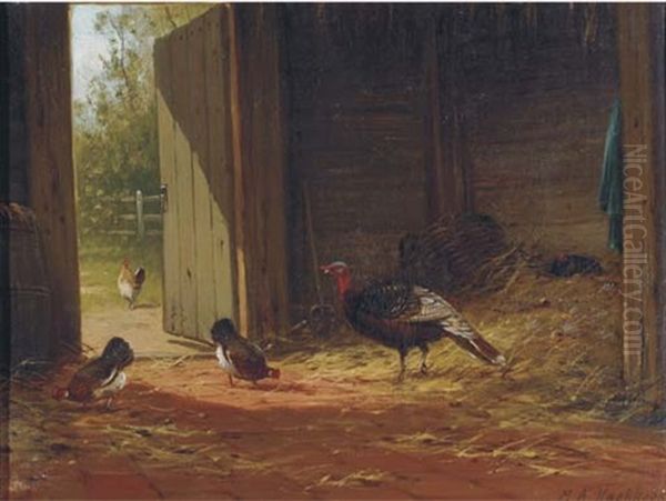 Turkey With Chickens In The Stable Oil Painting by Marinus Adrianus Koekkoek the Younger