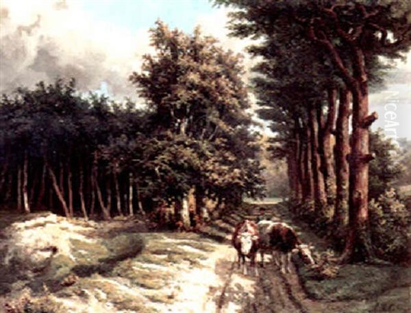 A Treelined Country Road With A Cowherd And His Cattle In The Foreground Oil Painting by Marinus Adrianus Koekkoek the Younger
