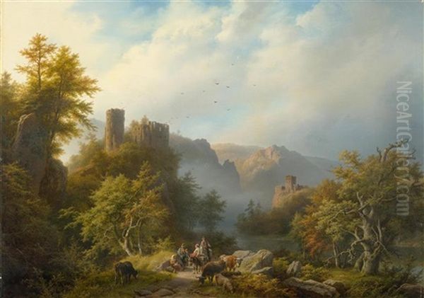 Mountainous River Landscape At Dawn, With Castle Ruins And Travellers Oil Painting by Barend Cornelis Koekkoek