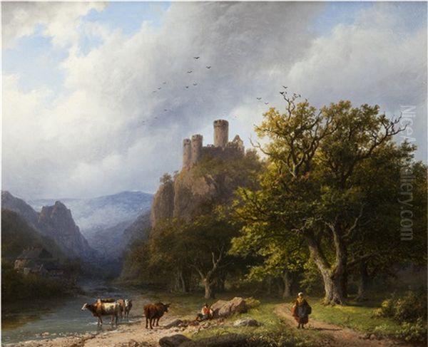A Mountainous Landscape With Figures And Cattle By A Valley Stream Oil Painting by Barend Cornelis Koekkoek