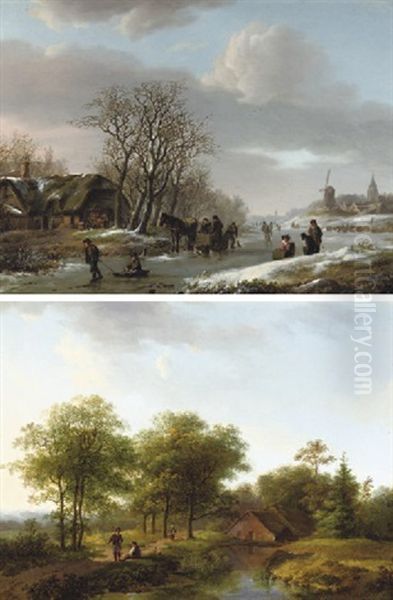 Activities On A Frozen Waterway In Winter (+ Figures On A Winding Path In Summer; 2 Works) Oil Painting by Barend Cornelis Koekkoek