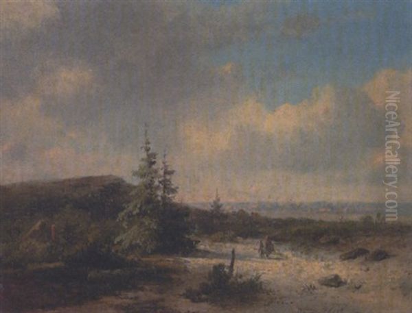Weitlaufige Hugellandschaft Mit Einer Bauerin Auf Dem Weg In Eine Im Hintergrund Liegende Stadt Oil Painting by Barend Cornelis Koekkoek