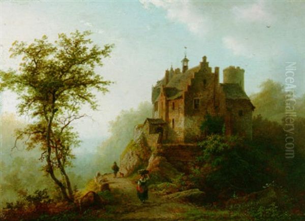 Figures Near A Castle In A Wooded, Hilly Landscape Oil Painting by Barend Cornelis Koekkoek