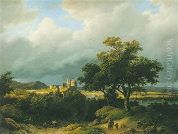 Ruins In A River Landscape Oil Painting by Barend Cornelis Koekkoek