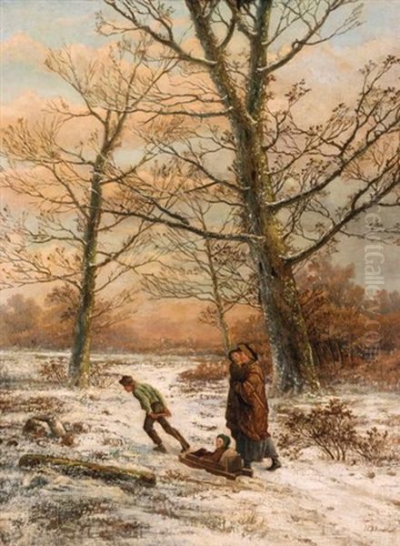 A Family Walking In A Snowy Landscape Oil Painting by Hendrik Barend Koekkoek