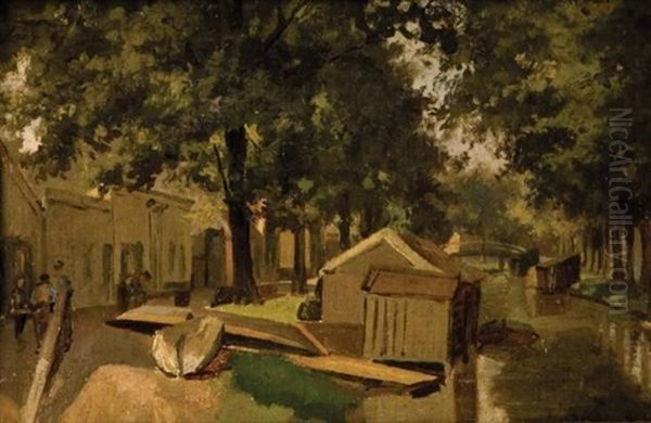 Boathouse Along A Canal Oil Painting by Hendrik Barend Koekkoek
