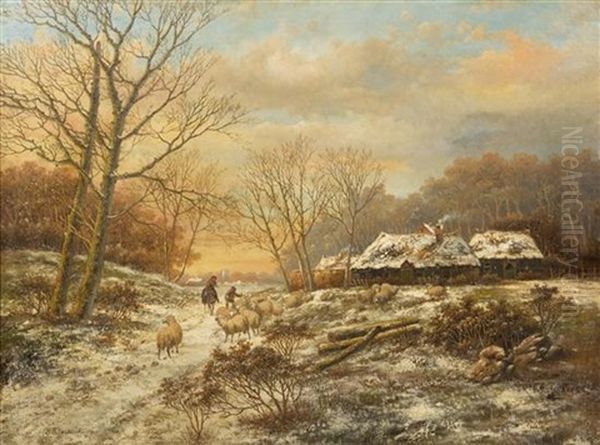 Gathering The Sheep Oil Painting by Hendrik Barend Koekkoek