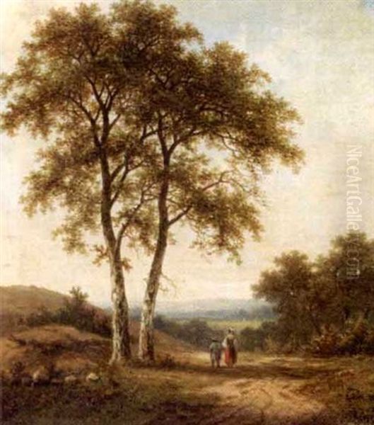 Figures In A Wooded Landscape Oil Painting by Hendrik Barend Koekkoek