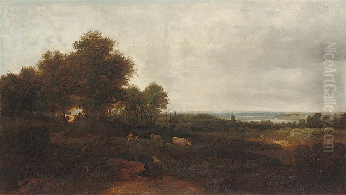 Figures And Cattle In A Landscape, Near Norwich Oil Painting by A. Beattie