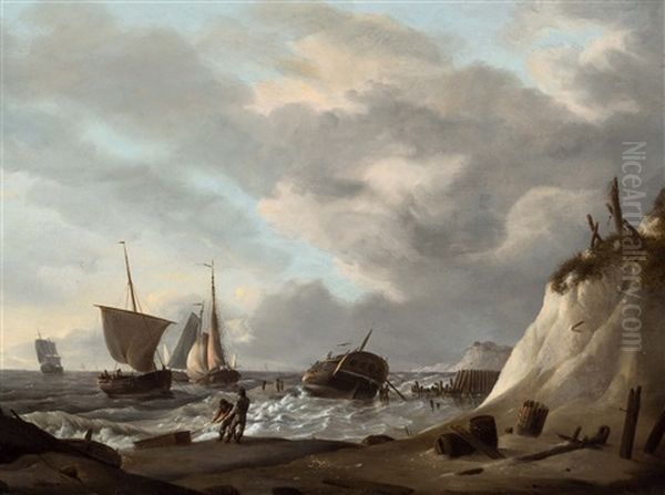 Beach View With Sailors Oil Painting by Johannes Hermanus Koekkoek Snr