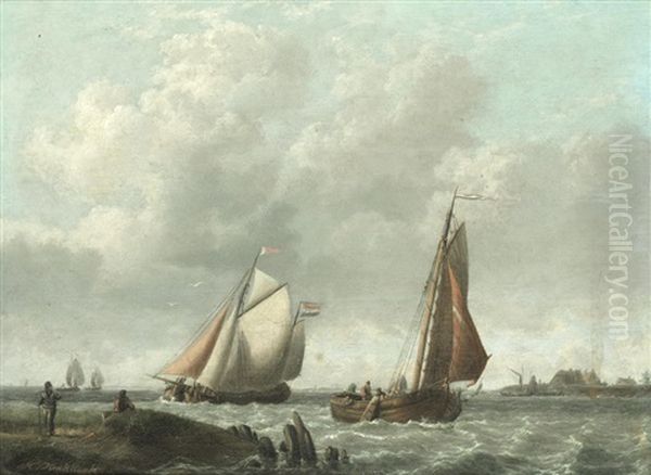 Ships In Coastal Waters Oil Painting by Johannes Hermanus Koekkoek Snr