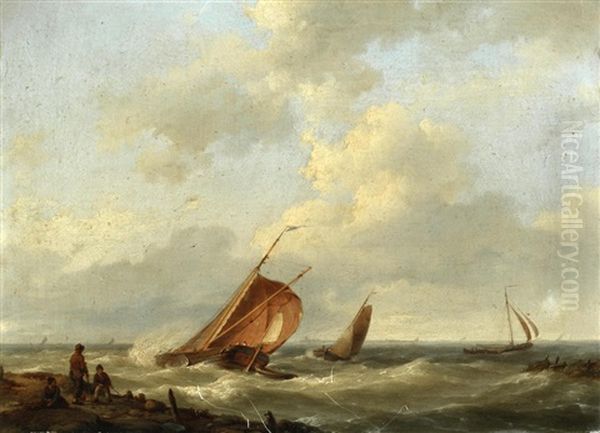 Ships Off A Coast Oil Painting by Johannes Hermanus Koekkoek Snr