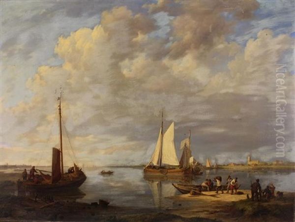 The Mouth Of A Dutch River, With Sailing Barges & Figures Oil Painting by Johannes Hermanus Koekkoek Snr