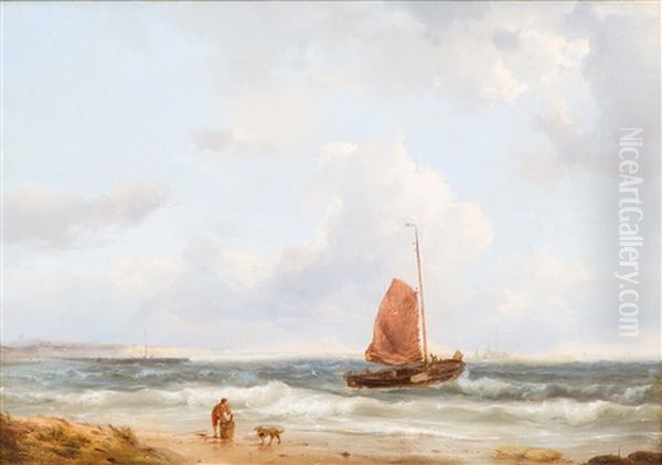 A Fishing Boat Going Out To Sea Oil Painting by Johannes Hermanus Koekkoek Snr