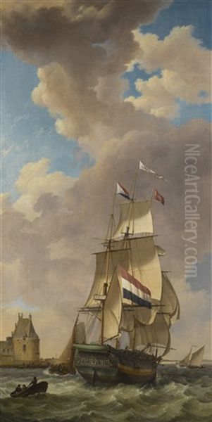 A Merchantman Off Veere Oil Painting by Johannes Hermanus Koekkoek Snr