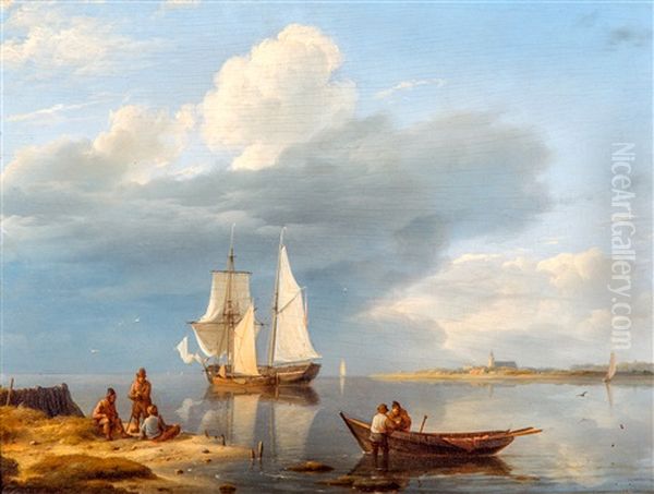 Sailingboot On Calm Sea With Figures On The Shore Oil Painting by Johannes Hermanus Koekkoek Snr
