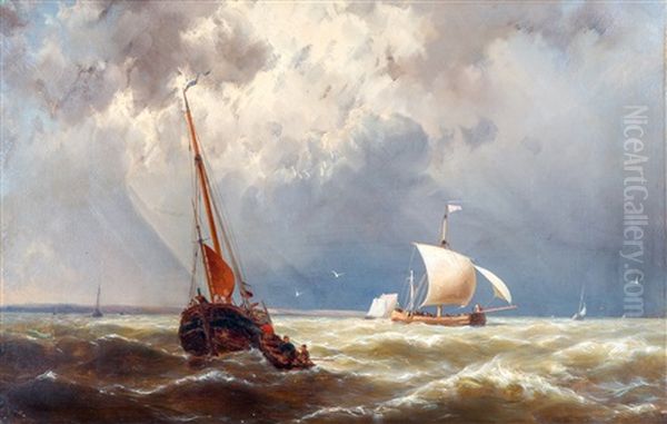 Sailing Vessels In Choppy Waters Oil Painting by Johannes Hermanus Koekkoek Snr