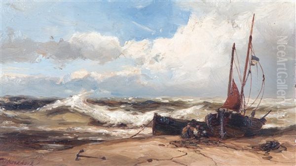 A Breezy Day With Fishermen Mending Their Nets On The Shore Oil Painting by Johannes Hermanus Koekkoek Snr