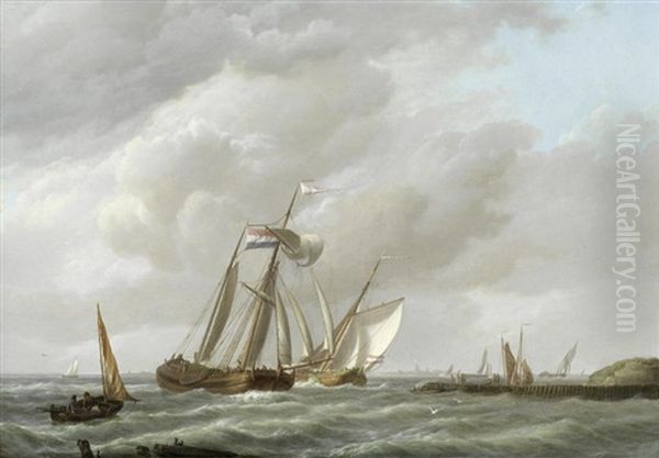 Dutch Shipping On A Blustery Day Oil Painting by Johannes Hermanus Koekkoek Snr