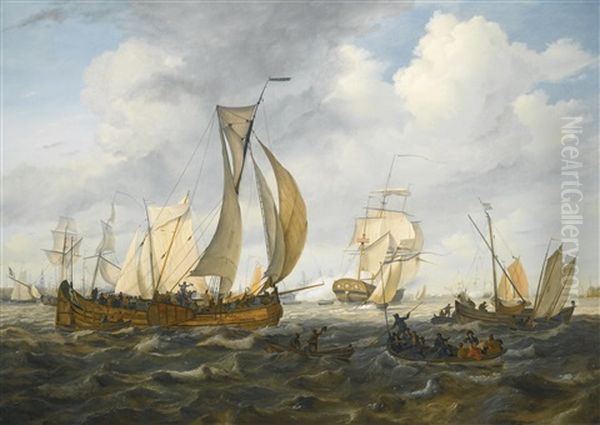 Ships On The Ij, With The Westertoren In The Distance Oil Painting by Johannes Hermanus Koekkoek Snr