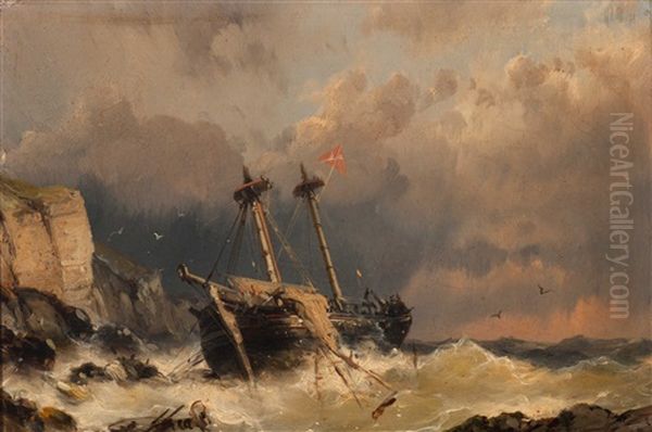 Shipwreck Near A Rocky Coastline Oil Painting by Johannes Hermanus Koekkoek Snr