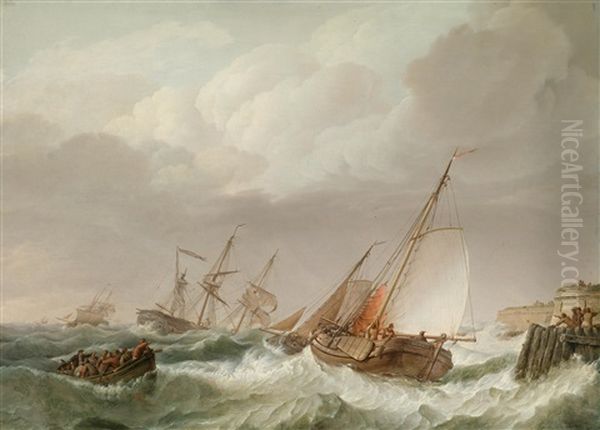 Schiffe In Seenot Vor Der Kuste Oil Painting by Johannes Hermanus Koekkoek Snr