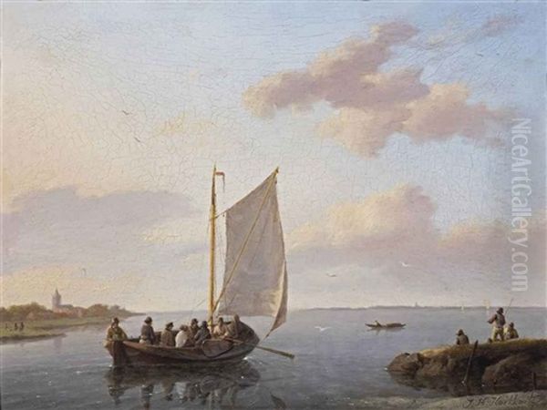 Sailing In A Calm Estuary Oil Painting by Johannes Hermanus Koekkoek Snr