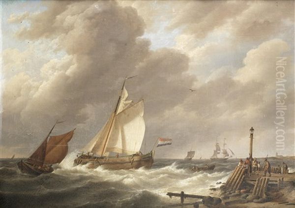 Sailing Vessels At The Mouth Of An Estuary Oil Painting by Johannes Hermanus Koekkoek Snr