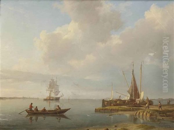 Fishermen And Fishing Boats On A Calm Estuary Oil Painting by Johannes Hermanus Koekkoek Snr