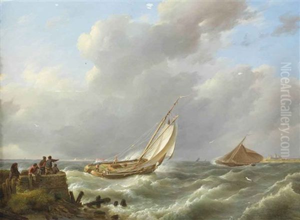 A Sailing Boat On Choppy Waters, Muiden In The Distance Oil Painting by Johannes Hermanus Koekkoek Snr