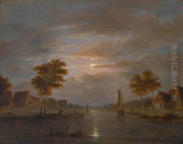 Abendliche Kanallandschaft Oil Painting by Johannes Hermanus Koekkoek Snr