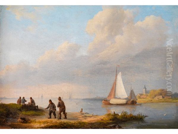 Uferlandschaft Mit Hohem Himmel, Segelbooten Und Figurenstaffage Oil Painting by Johannes Hermanus Koekkoek Snr