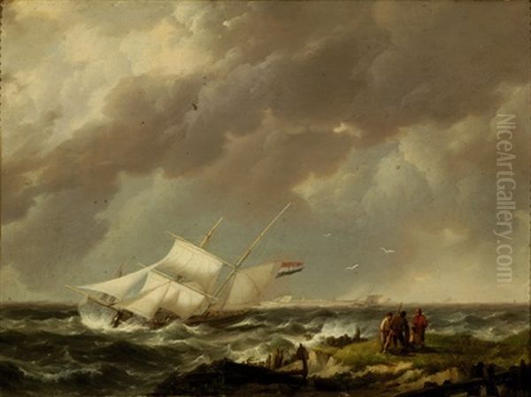 Figures On A Pier And A Ship On The Water In Rough Weather Oil Painting by Johannes Hermanus Koekkoek Snr