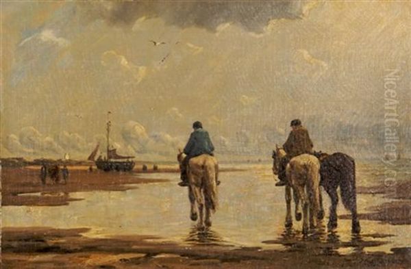 Fishing Boats And Horses On The Leacu Oil Painting by Johannes Hermanus Koekkoek Snr