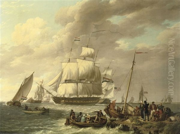 Een Hollands, Amerikaans, Engels, Deens En Zweeds Fregat Op De Westerschelde: Several Frigates Near A Jetty Oil Painting by Johannes Hermanus Koekkoek Snr