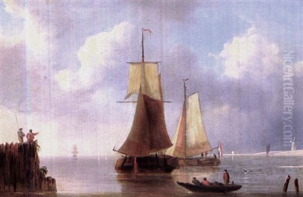 Voiliers Aux Abords D'un Port En Hollande Oil Painting by Johannes Hermanus Koekkoek Snr