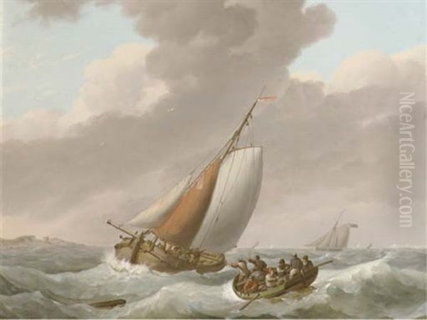 Barges On Choppy Waters Oil Painting by Johannes Hermanus Koekkoek Snr