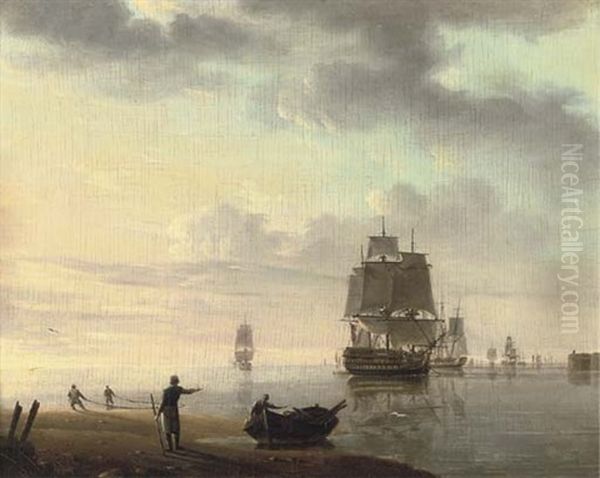 Men-o'war And Other Shipping In An Offshore Anchorage (+ Running Inshore In A Gale; Pair) Oil Painting by Johannes Hermanus Koekkoek Snr