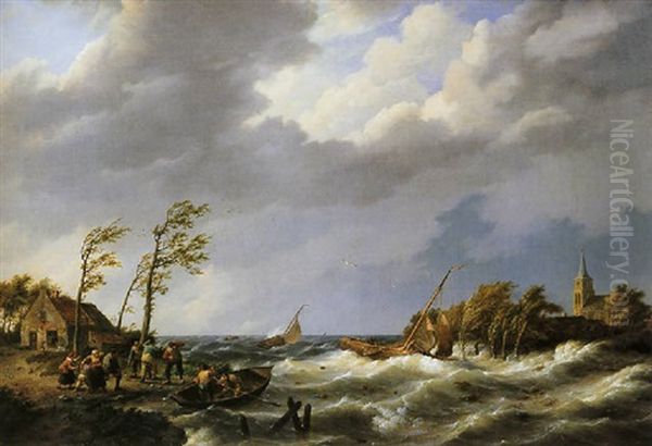 Dutch Fishing Vessel Caught On A Lee Shore With Villagers And A Rescue Boat In The Foreground Oil Painting by Johannes Hermanus Koekkoek Snr